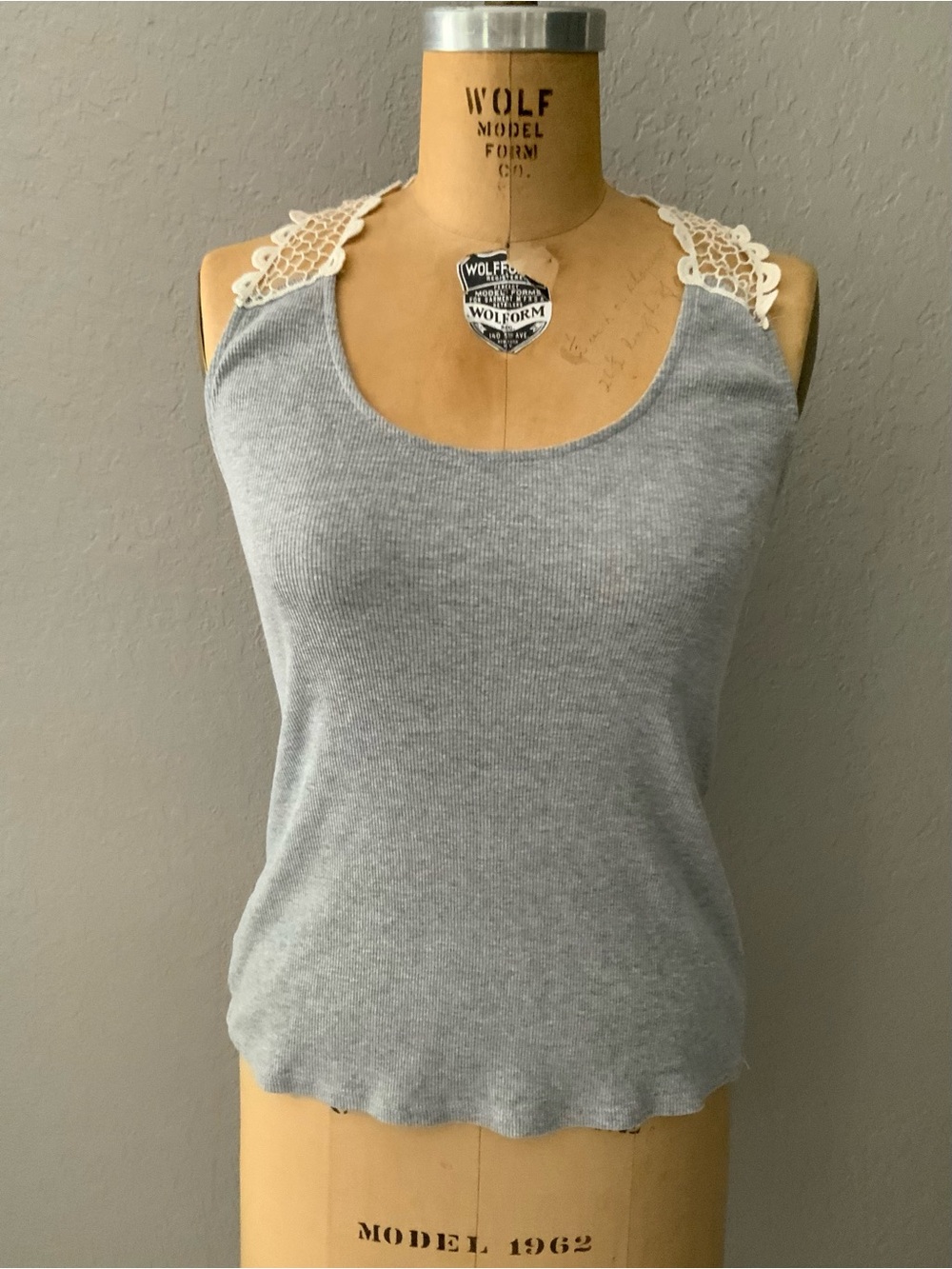 Boston Proper Light Gray Ribbed Tank with White Lace Straps